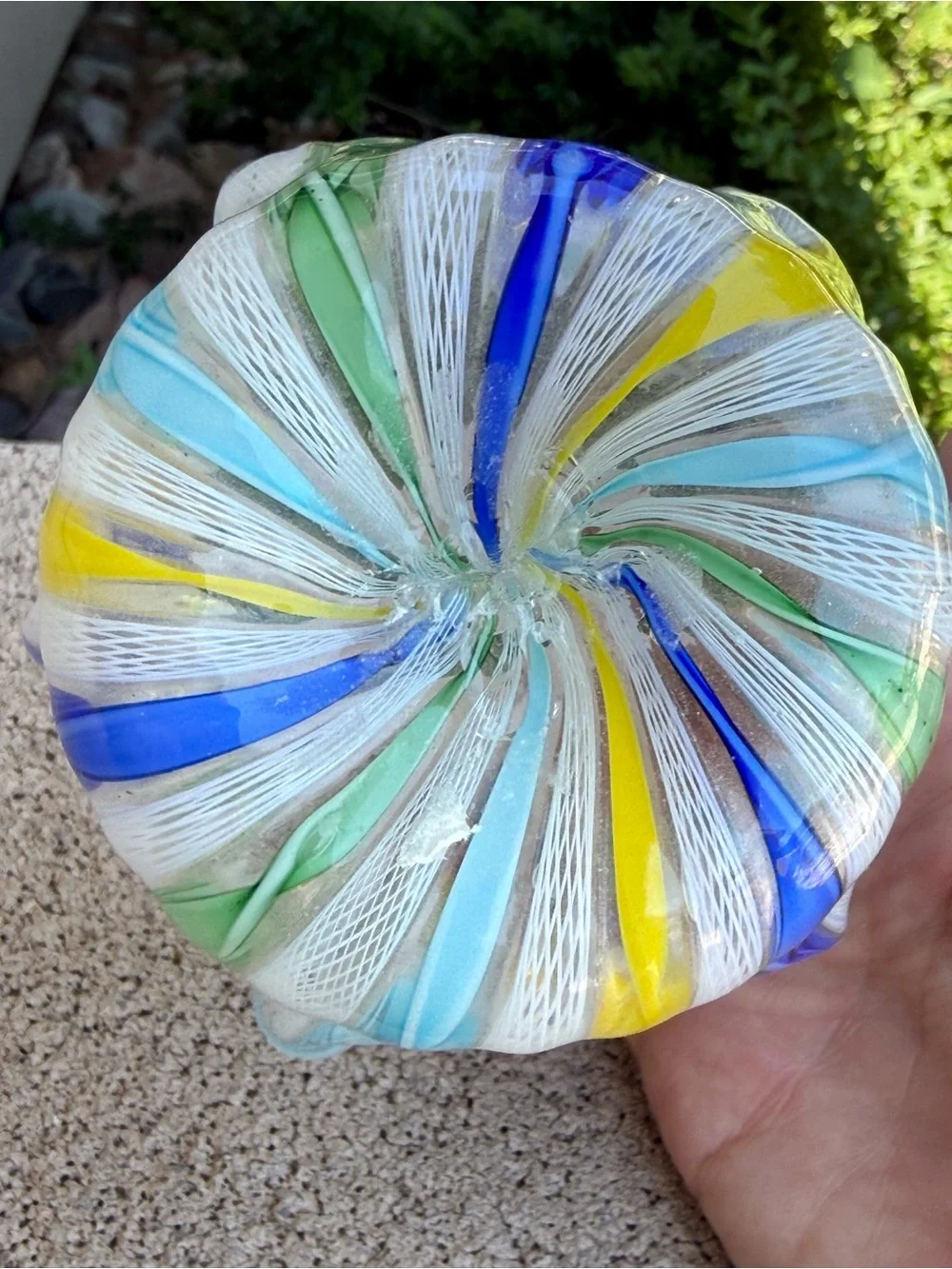 Murano Latticino Blue Green Yellow & White Ribbon Blown Glass Bowl Handkerchief
